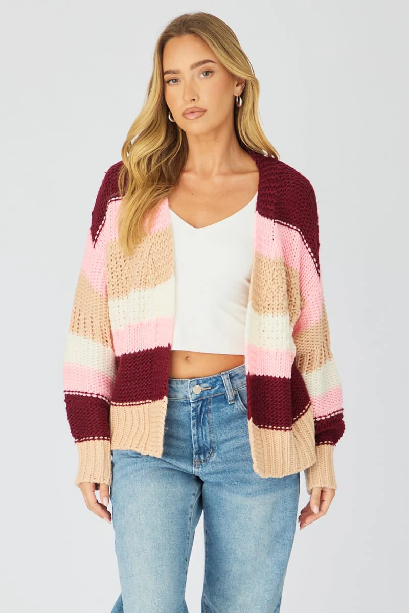 Pink Stripe Oversized Knit Cardigan Long Sleeve - Image 3
