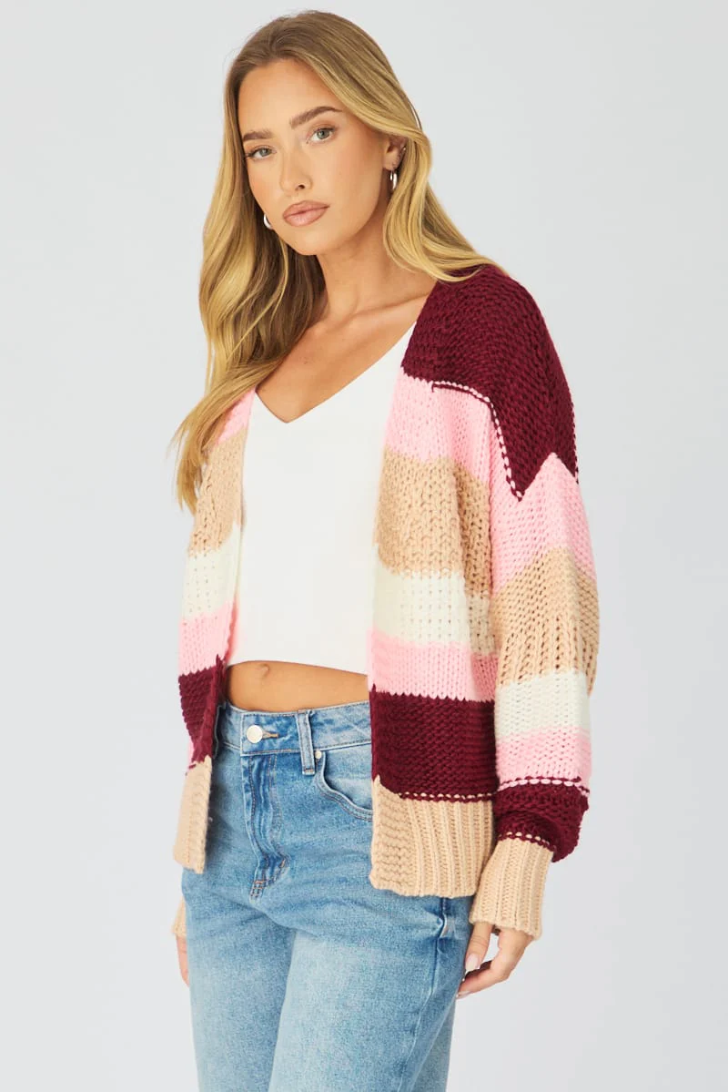 Pink Stripe Oversized Knit Cardigan Long Sleeve - Image 4