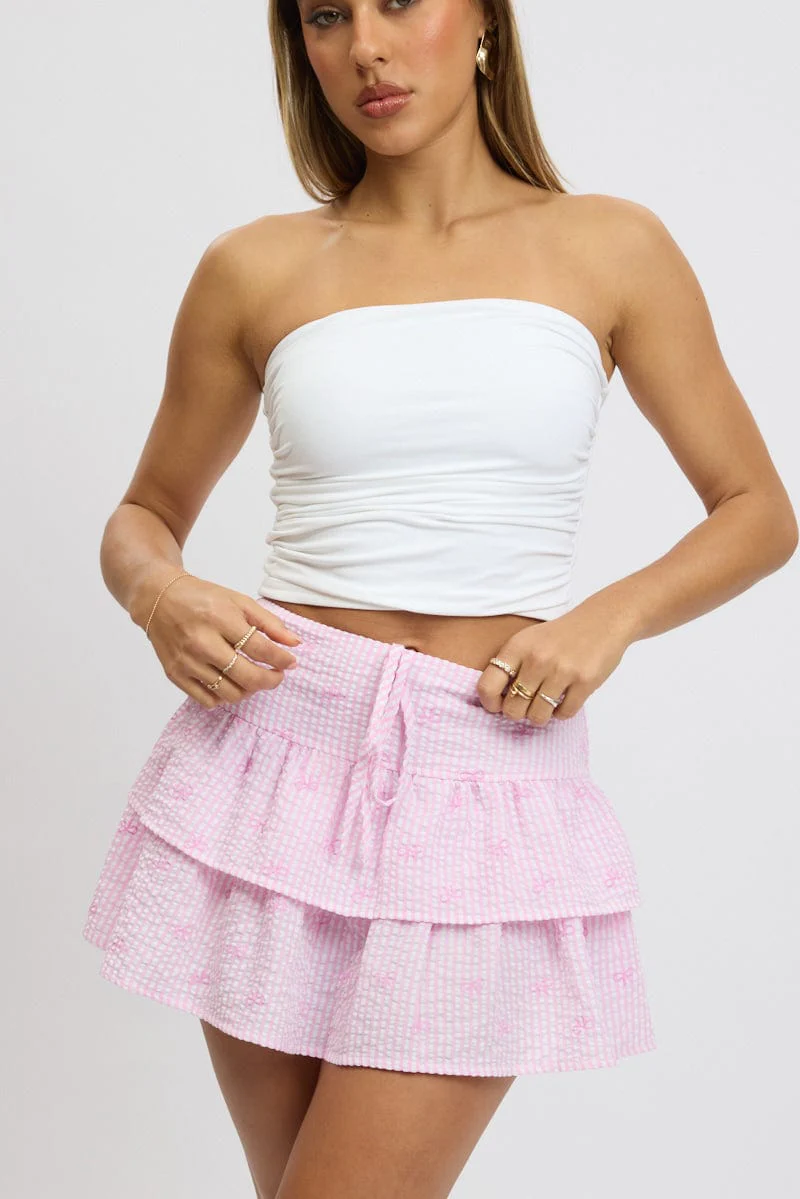 Pink Stripe Ruffle Mini Skirt High Rise Shirred Back Tiered - Image 2