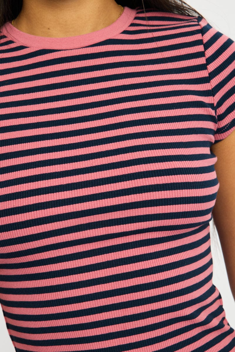 Pink Stripe Short Sleeve Stripe Ribbed T-shirt - Image 5