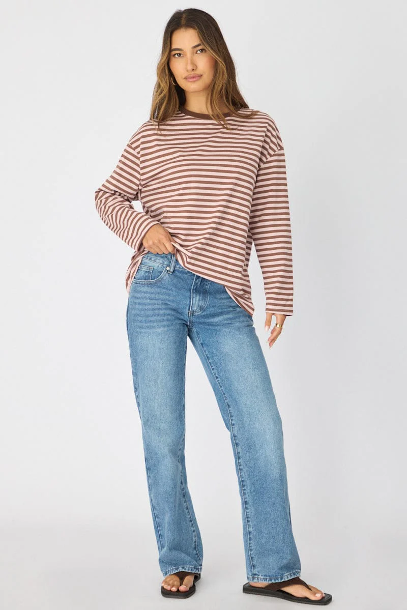 Pink Stripe Striped Top Long Sleeve Crew Neck - Image 2
