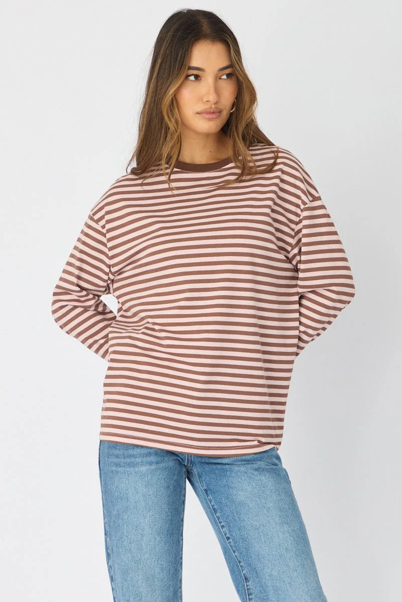 Pink Stripe Striped Top Long Sleeve Crew Neck - Image 3