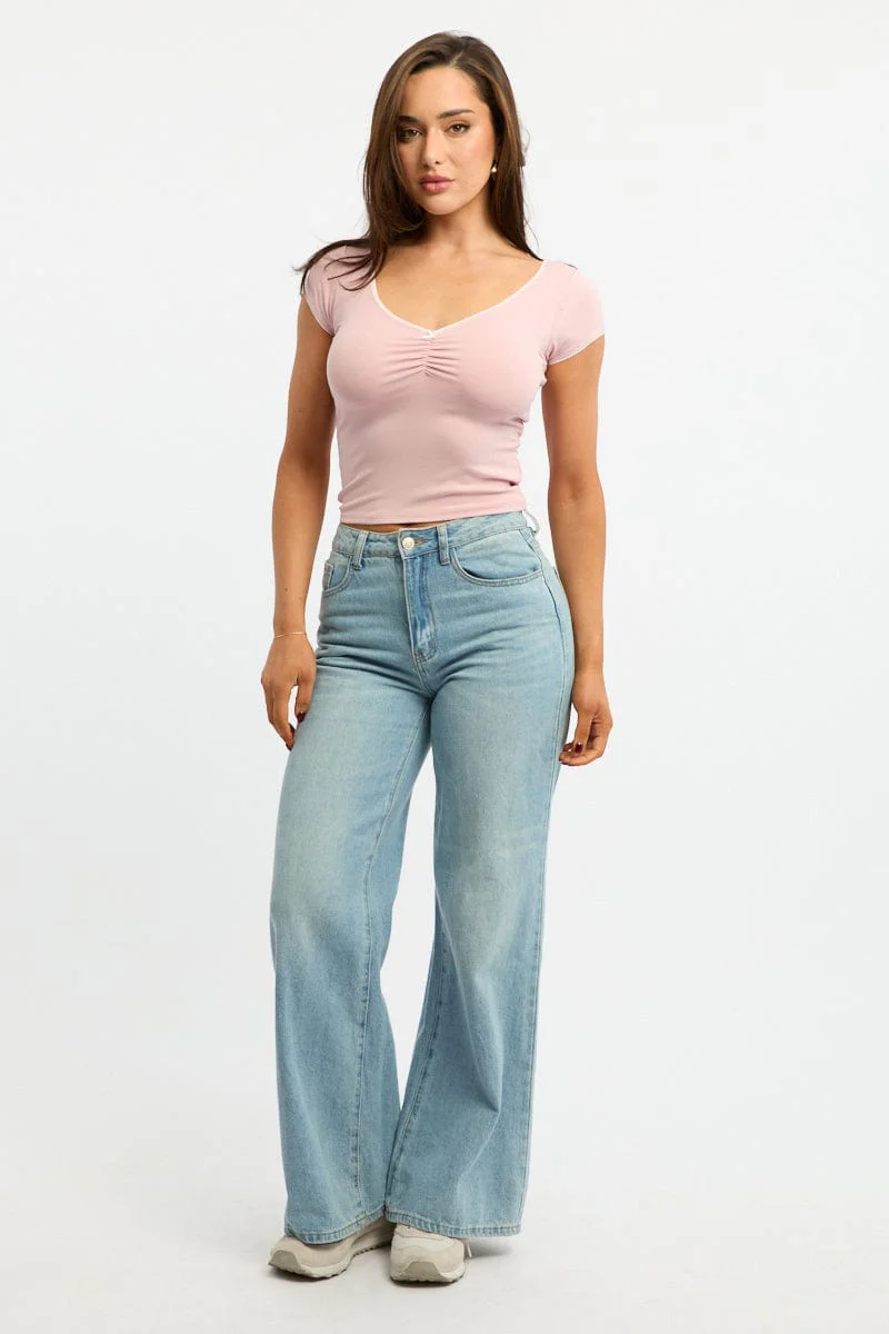 Pink T-shirt Short Sleeve V-neck Lace Trim - Image 3