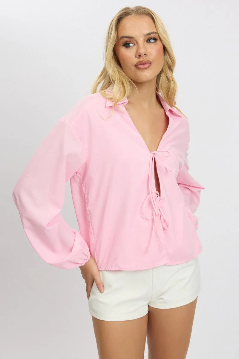Pink Tie Up Front Top Long Sleeve