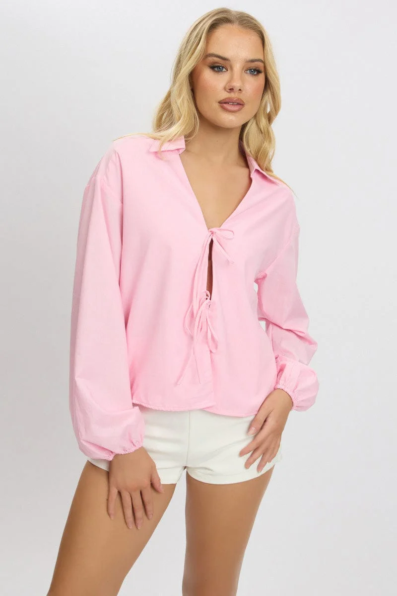 Pink Tie Up Front Top Long Sleeve - Image 3