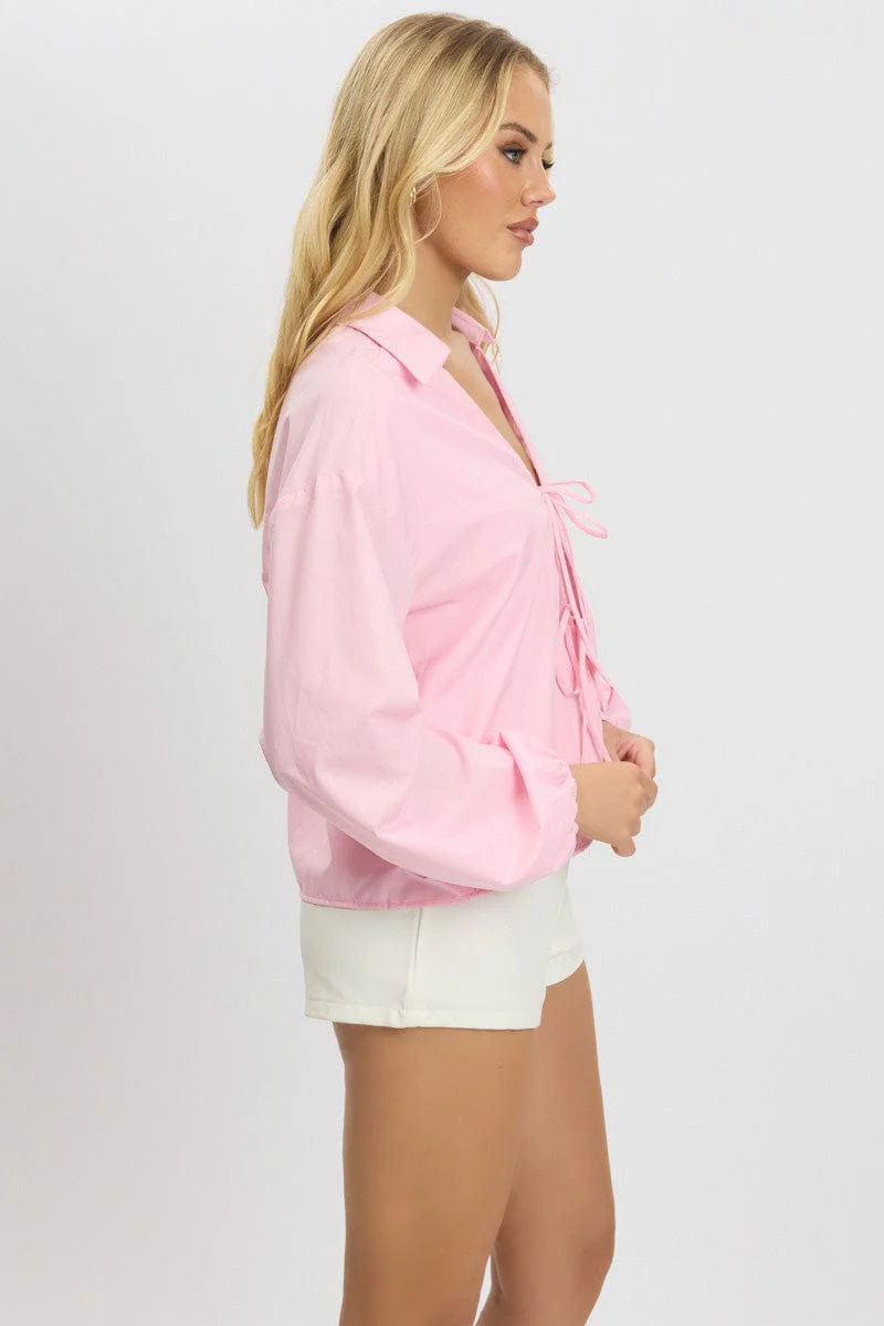 Pink Tie Up Front Top Long Sleeve - Image 4