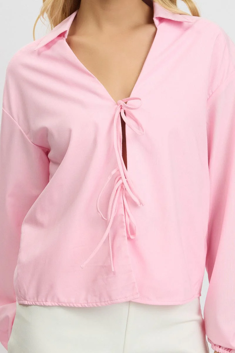 Pink Tie Up Front Top Long Sleeve - Image 6