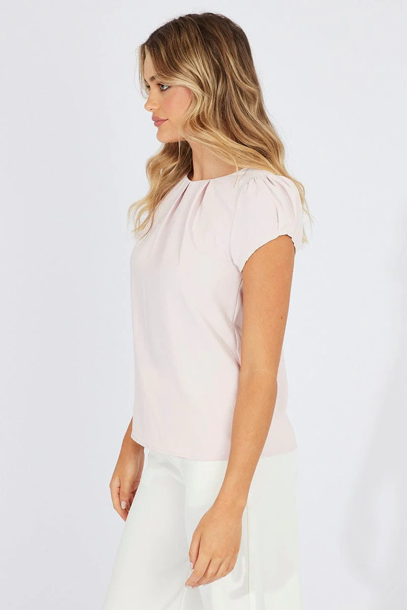 Pink Top Cap Sleeve Pleat Detail Workwear - Image 5