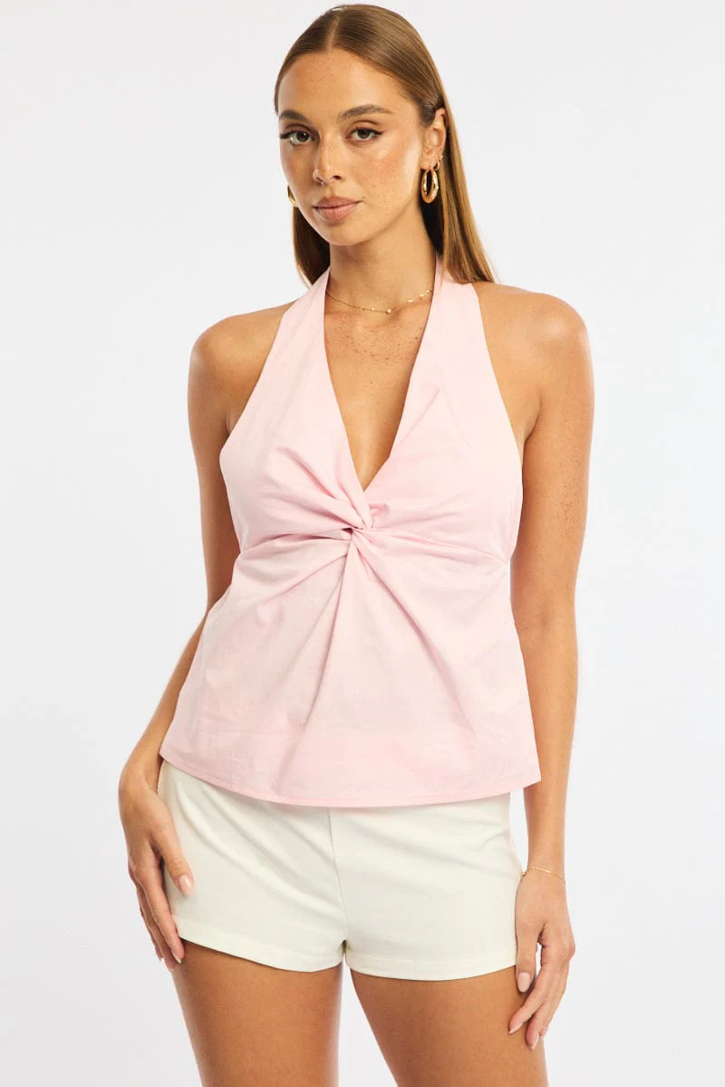 Pink Twist Halter Top Sleeveless Cotton Poplin