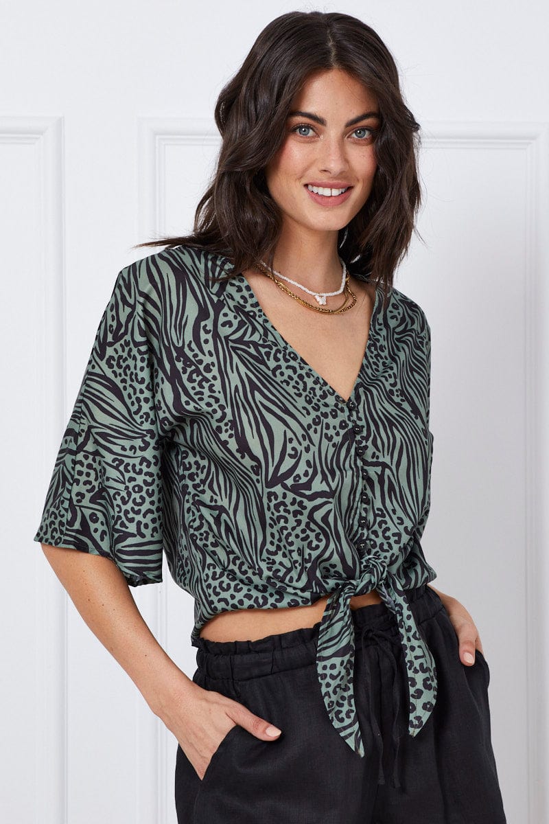 Print Crop Top Short Sleeve Tie Up - Image 3