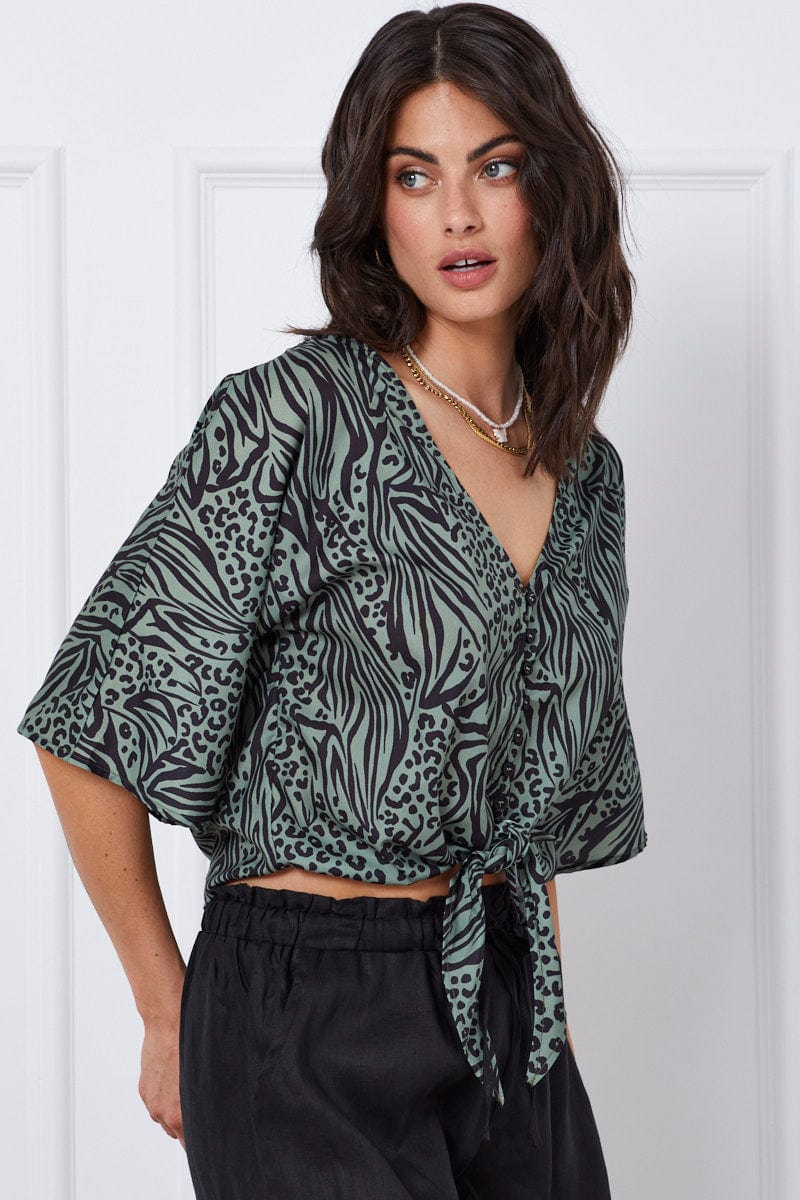 Print Crop Top Short Sleeve Tie Up - Image 4
