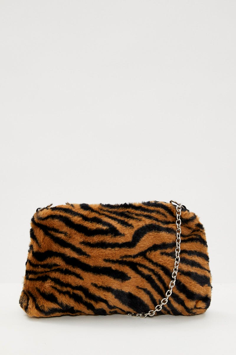 Print Faux Fur Tiger Print Shoulder Bag - Image 3