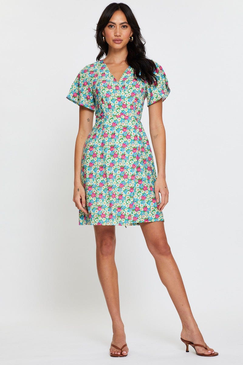 Print Fit And Flare Dress Short Sleeve V Neck - Image 2