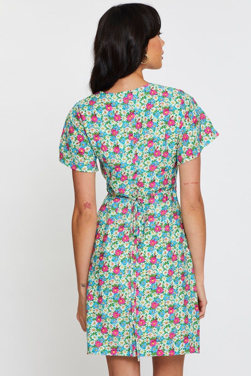Print Fit And Flare Dress Short Sleeve V Neck - Image 5