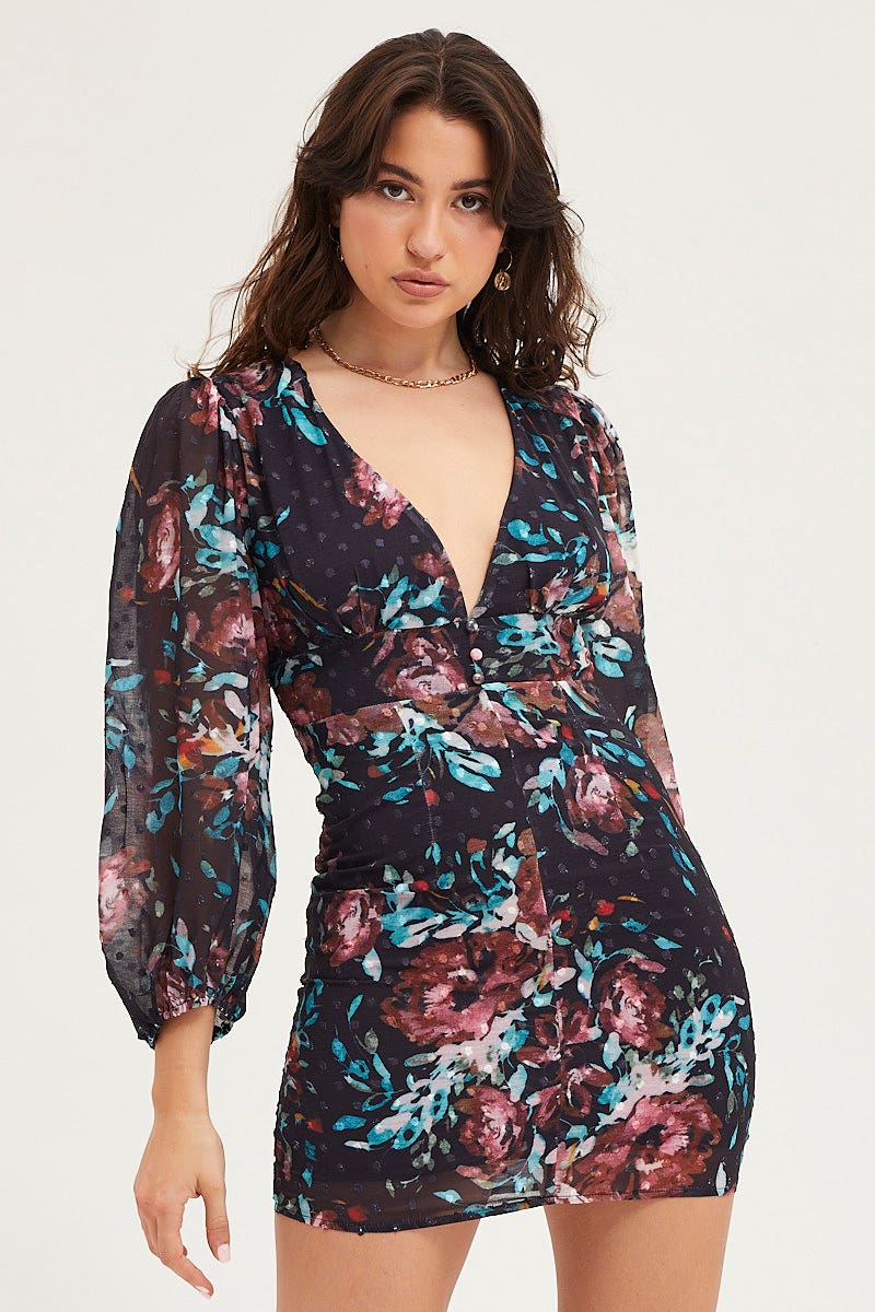 Print Mini Dress Long Sleeve Evening - Image 3
