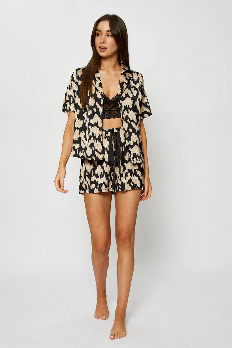 Print Satin Pajamas Set Short Sleeve - Image 2