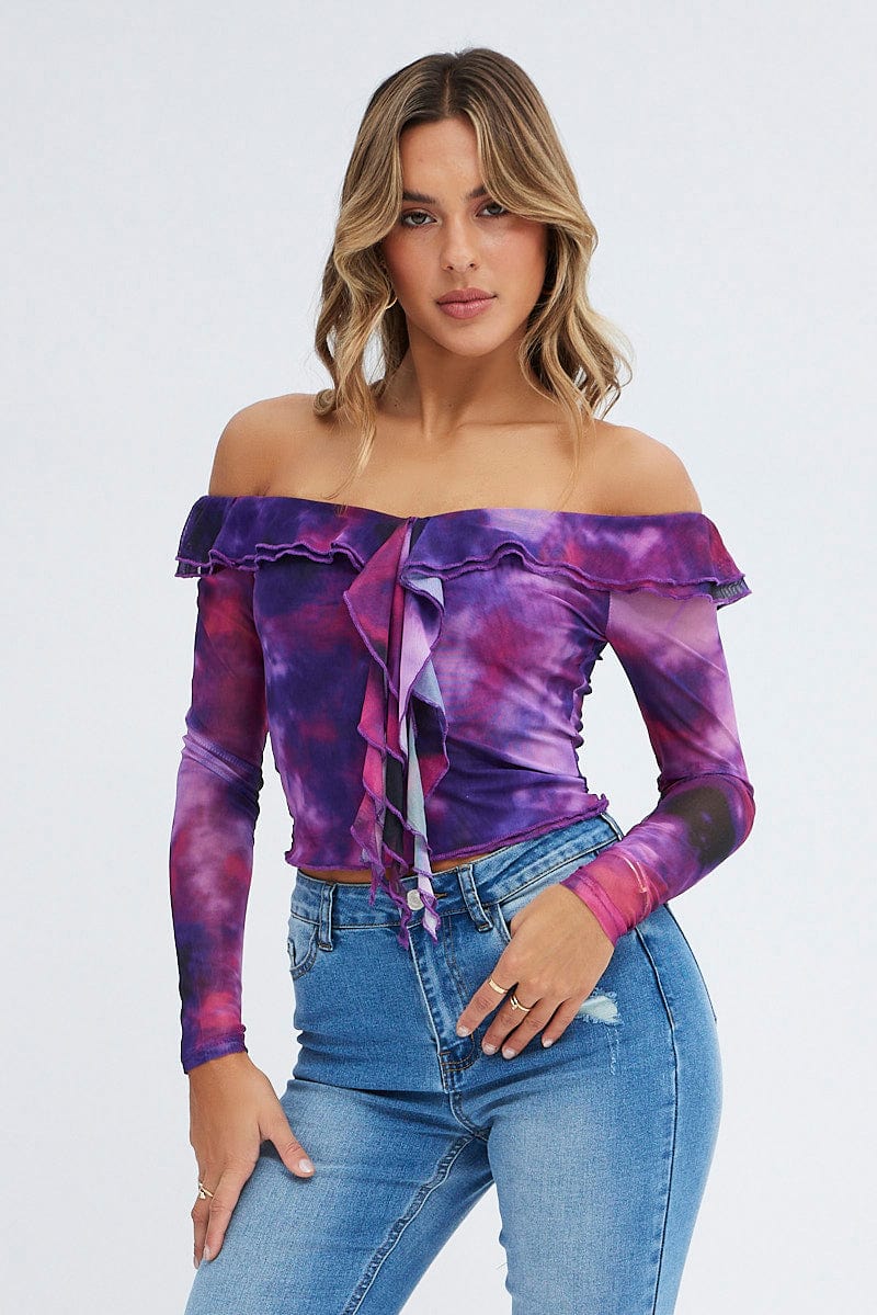 Purple Abstract Mesh Top Long Sleeve Off Shoulder Frill Lined - Image 2