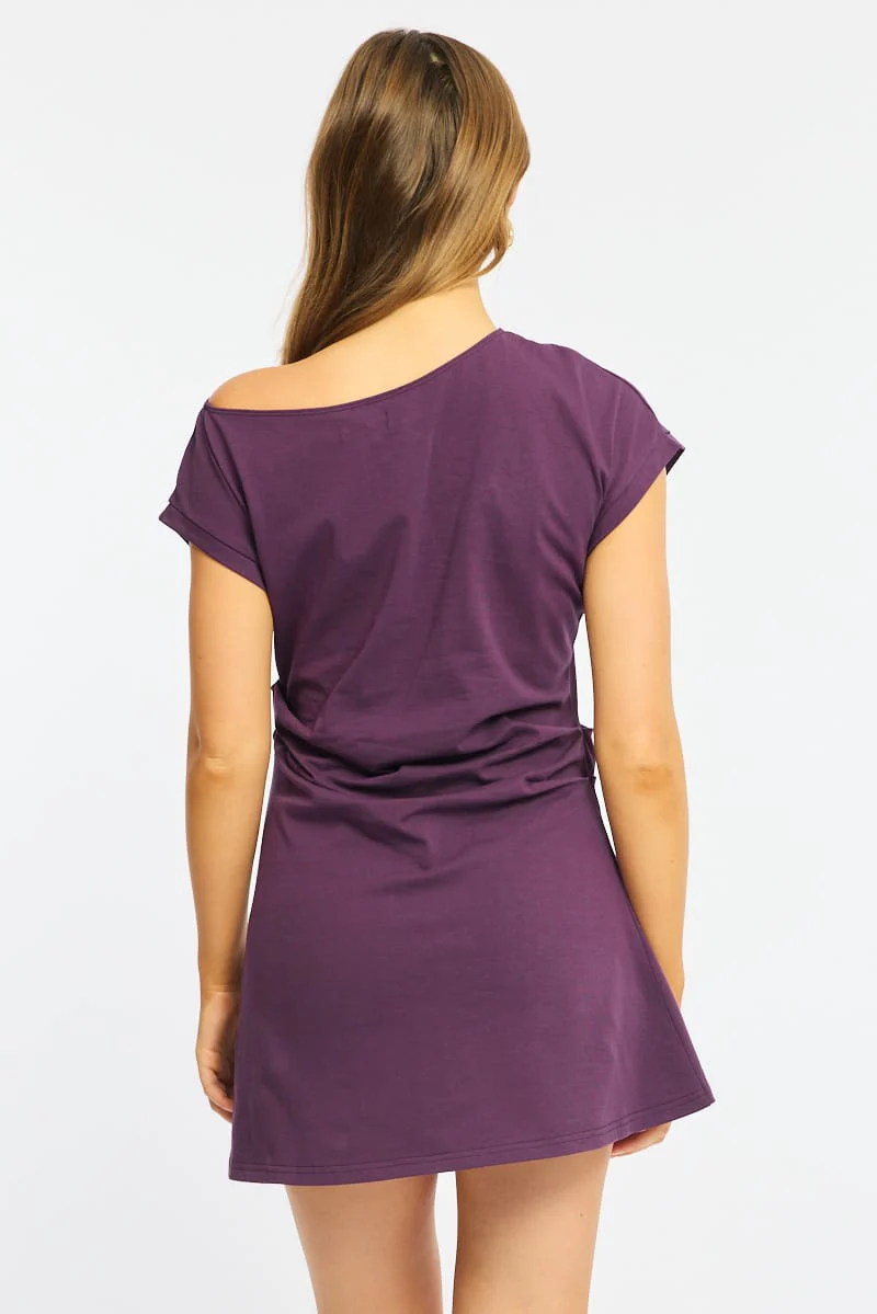 Purple Asymmetrical Neckline Mini Dress - Image 6