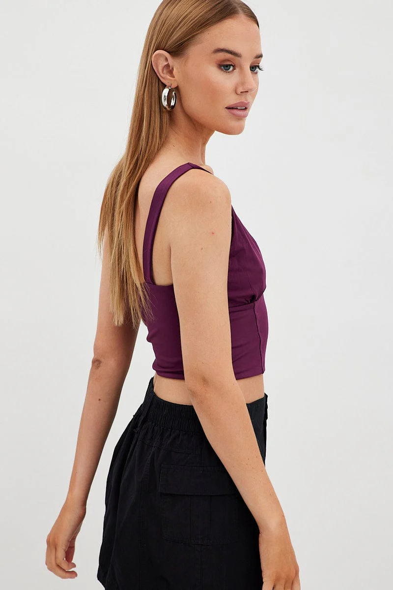 Purple Corset Detail Top Sleeveless Crop Slinky Jersey - Image 4