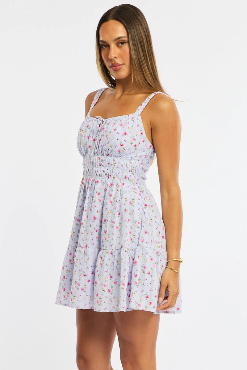 Purple Ditsy Fit And Flare Dress Mini - Image 3