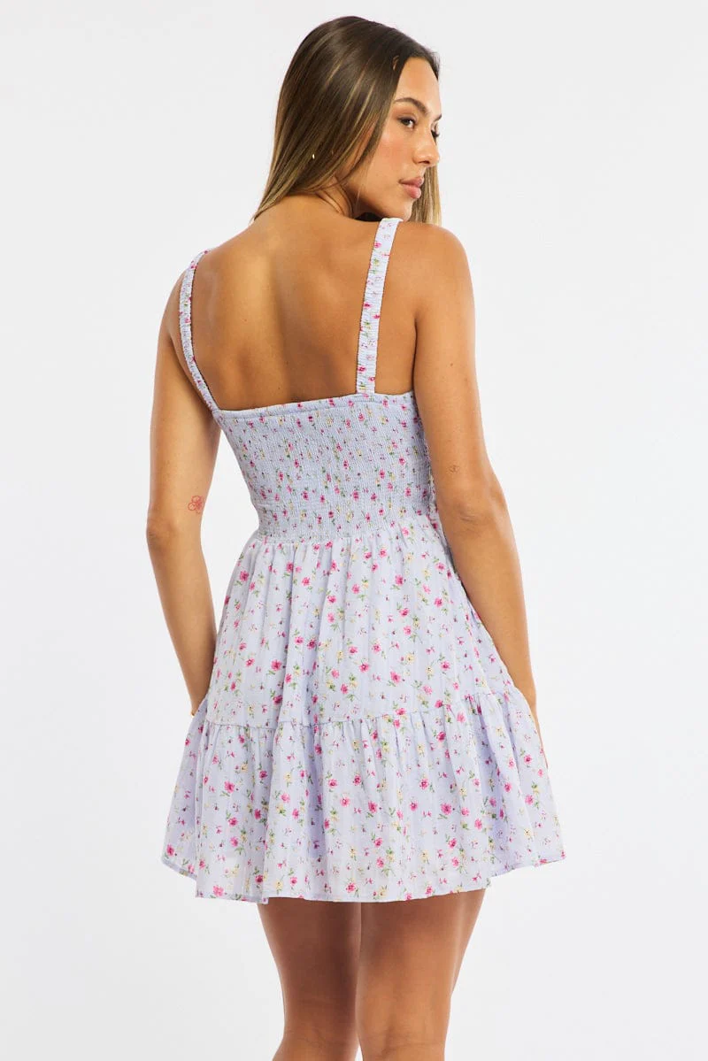 Purple Ditsy Fit And Flare Dress Mini - Image 4