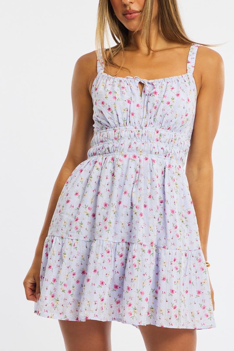 Purple Ditsy Fit And Flare Dress Mini - Image 5
