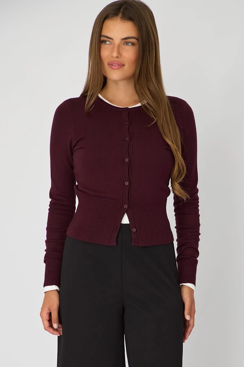 Purple Fitted Cardigan Long Sleeve Crew Neck
