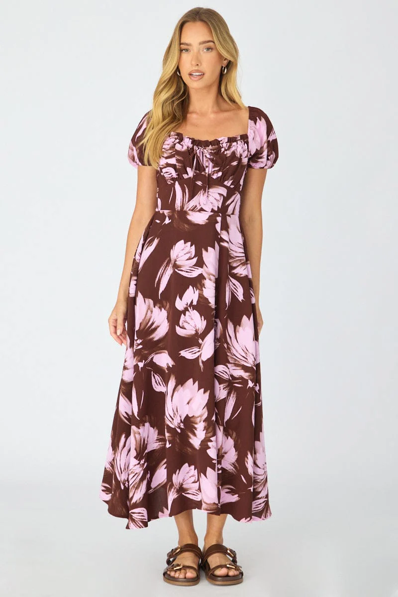 Purple Floral Midi Dress Puff Sleeve - Image 3