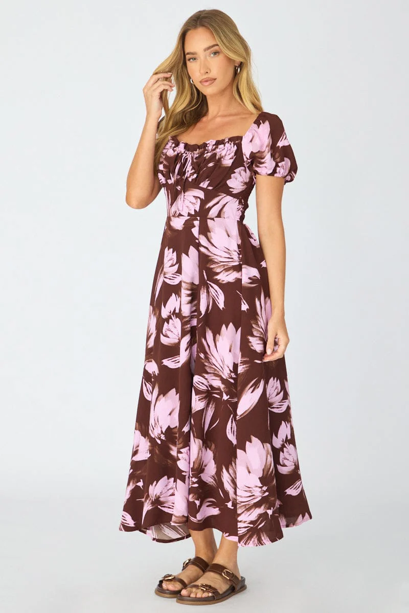 Purple Floral Midi Dress Puff Sleeve - Image 4