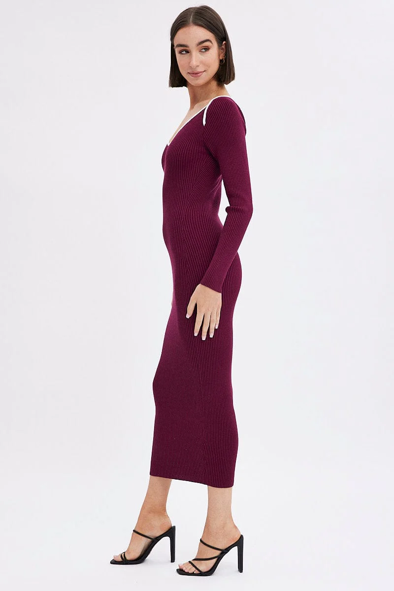 Purple Midi Dress Long Sleeve Sweetheart Contrast Bind - Image 4