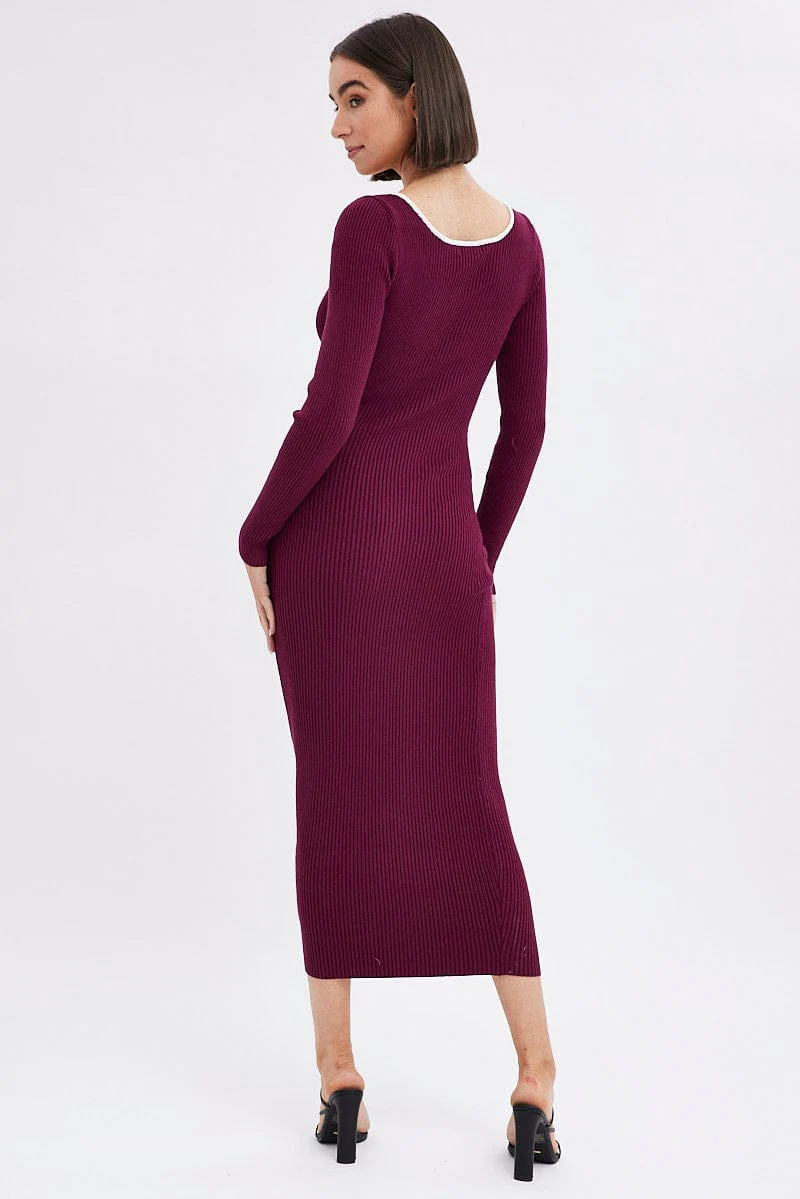 Purple Midi Dress Long Sleeve Sweetheart Contrast Bind - Image 5