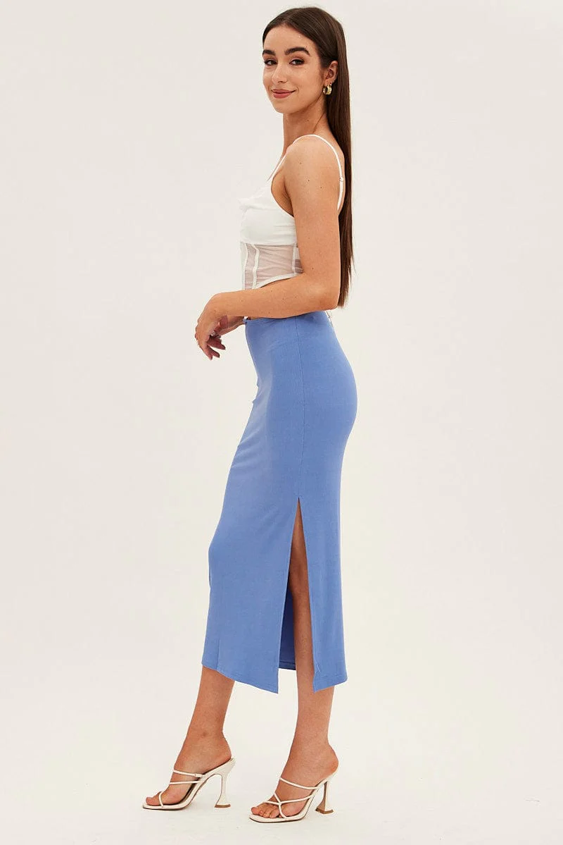 Blue Midi Skirt Bodycon Tie Contrast Ribbed - Image 4