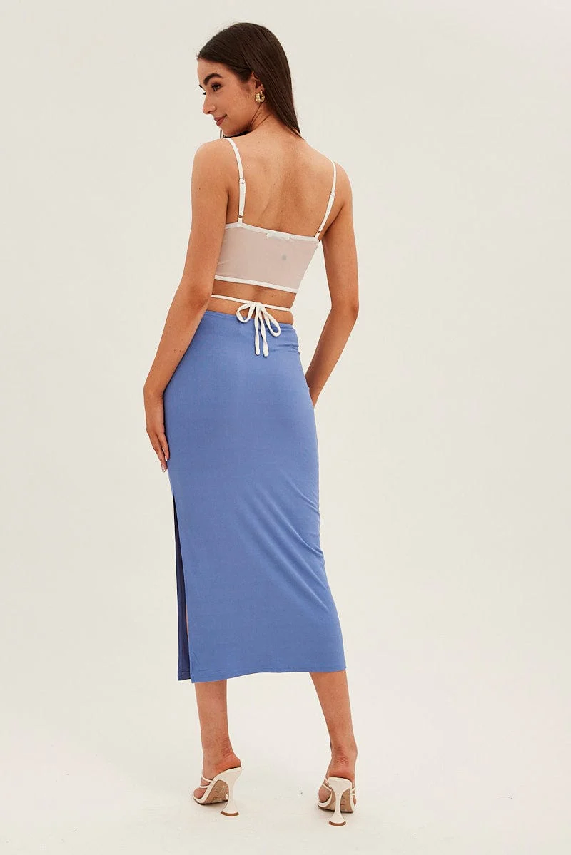 Blue Midi Skirt Bodycon Tie Contrast Ribbed - Image 5