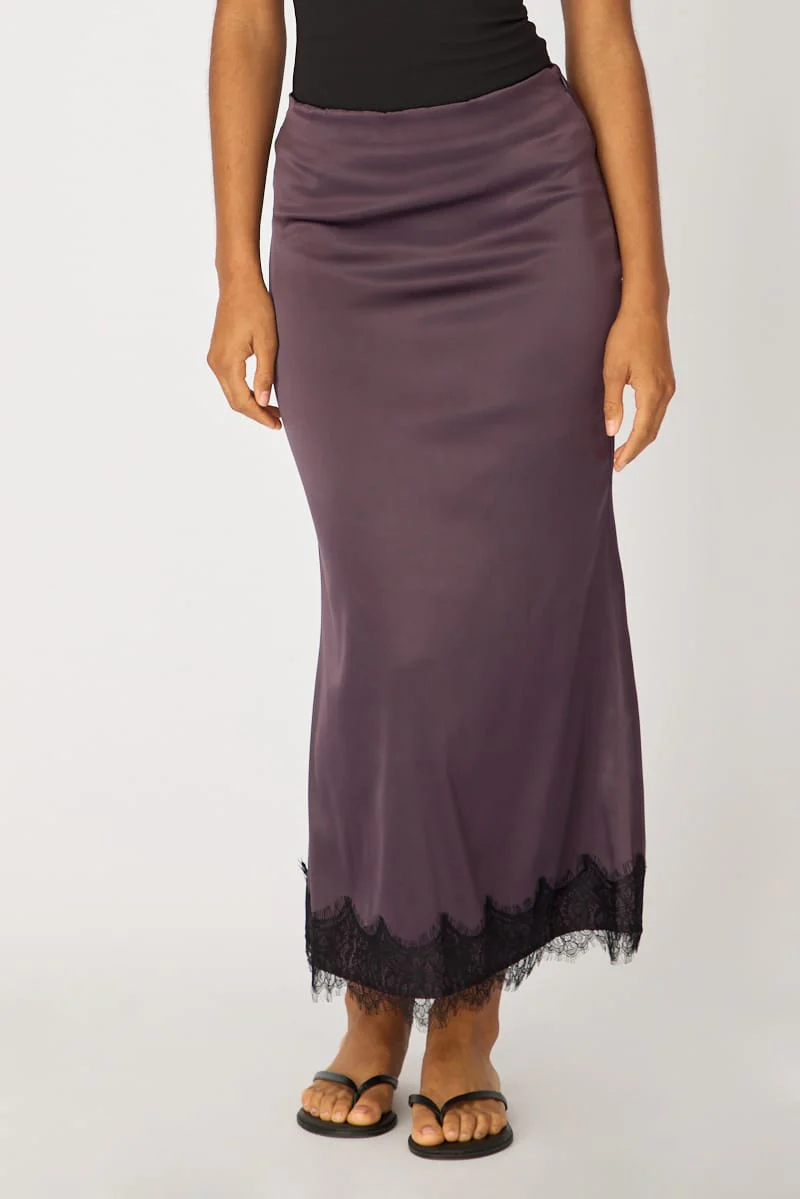Purple Satin Midaxi Skirt Elastic Waist Bias Cut Lined - Image 3