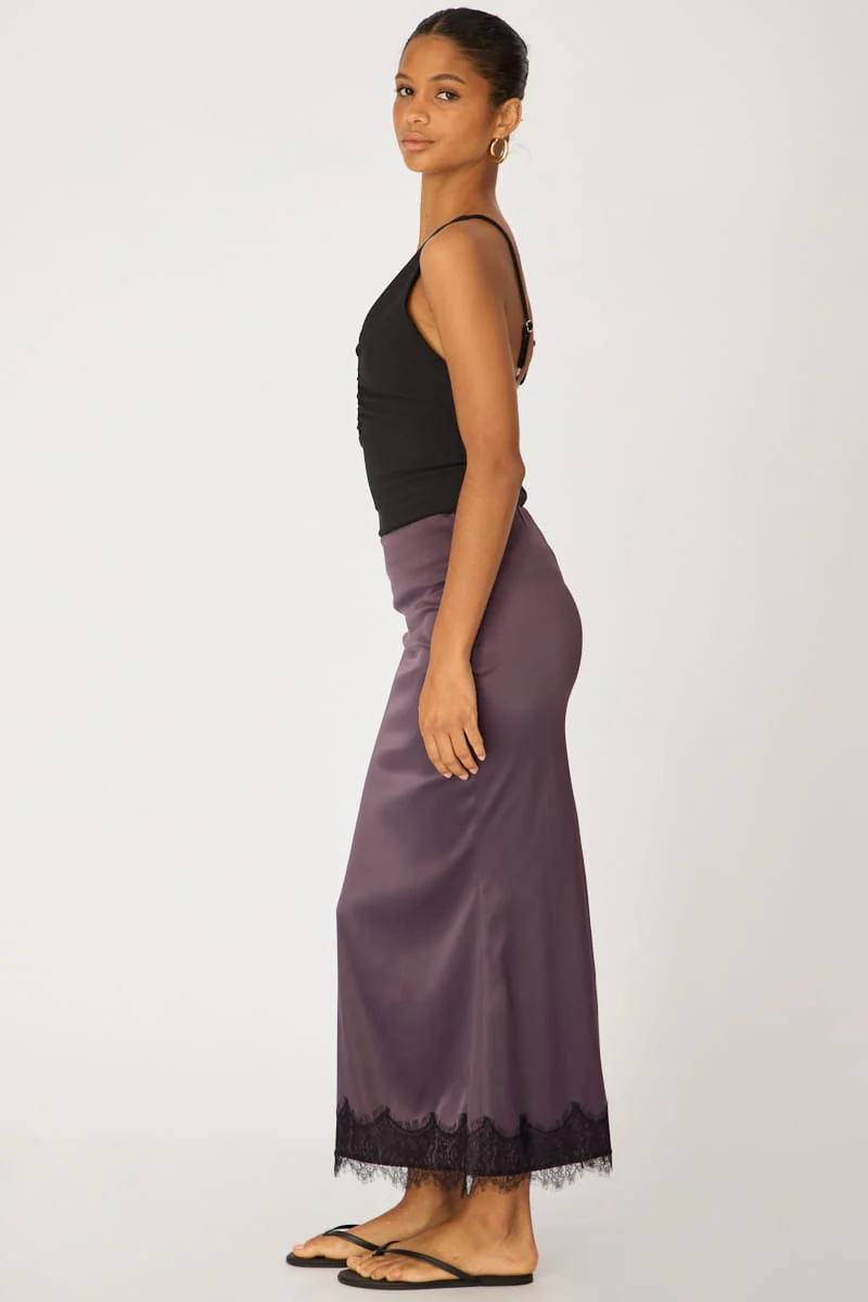 Purple Satin Midaxi Skirt Elastic Waist Bias Cut Lined - Image 5
