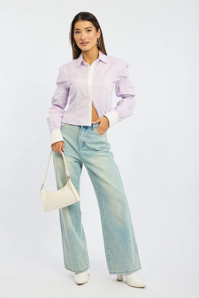 Purple Shirt Long Sleeve Collared Shirred Button Up - Image 2
