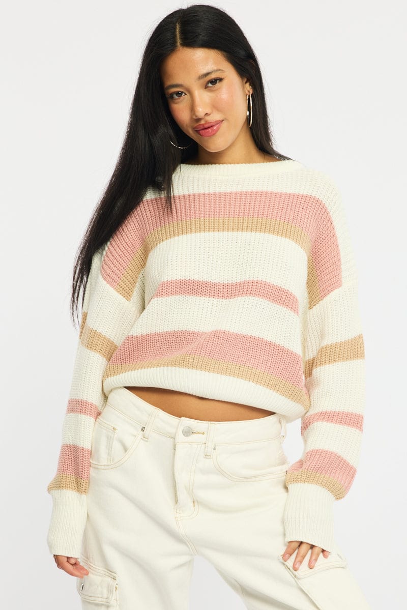 Purple Stripe Knit Top Long Sleeve Color Block