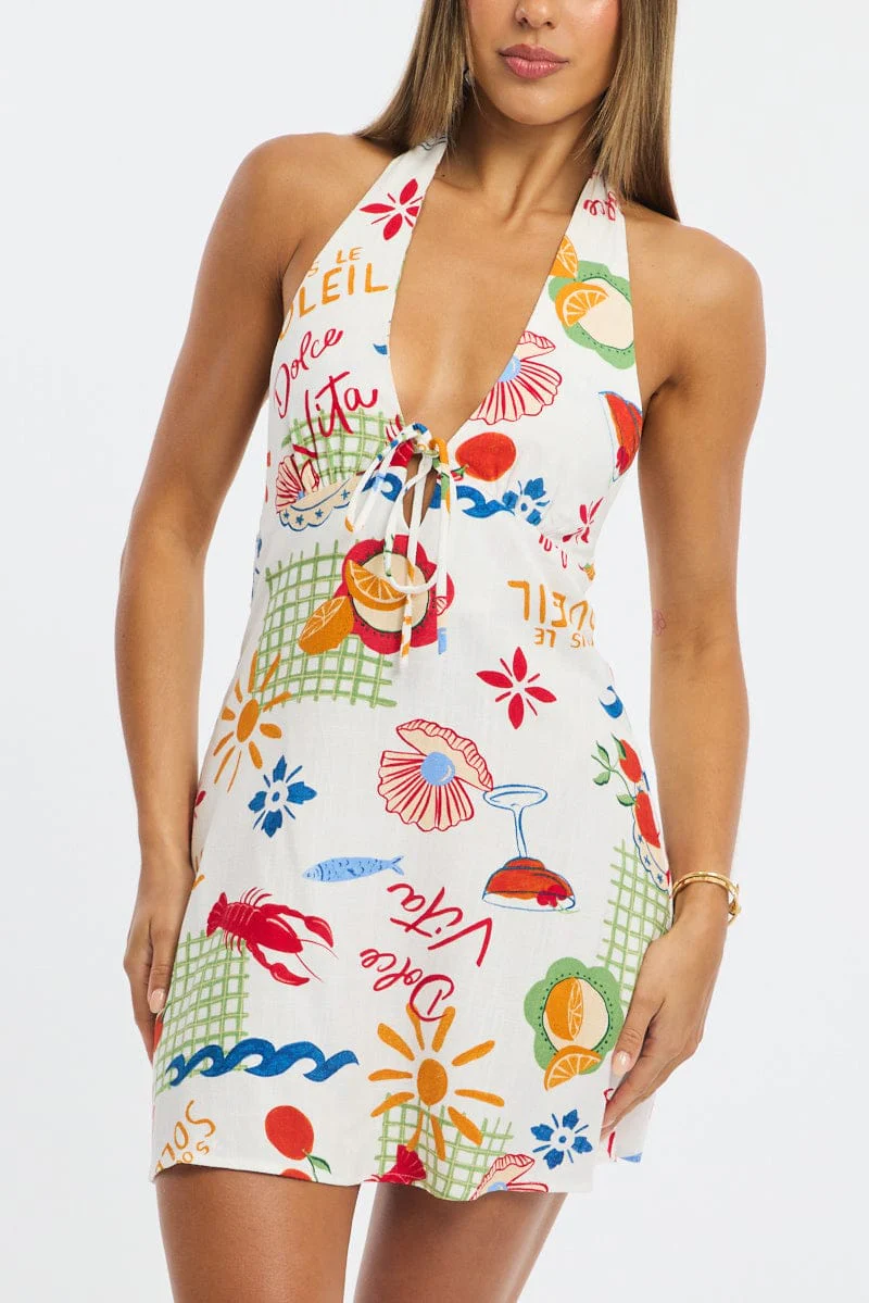 Red Abstract Halter Neck Dress Mini - Image 5