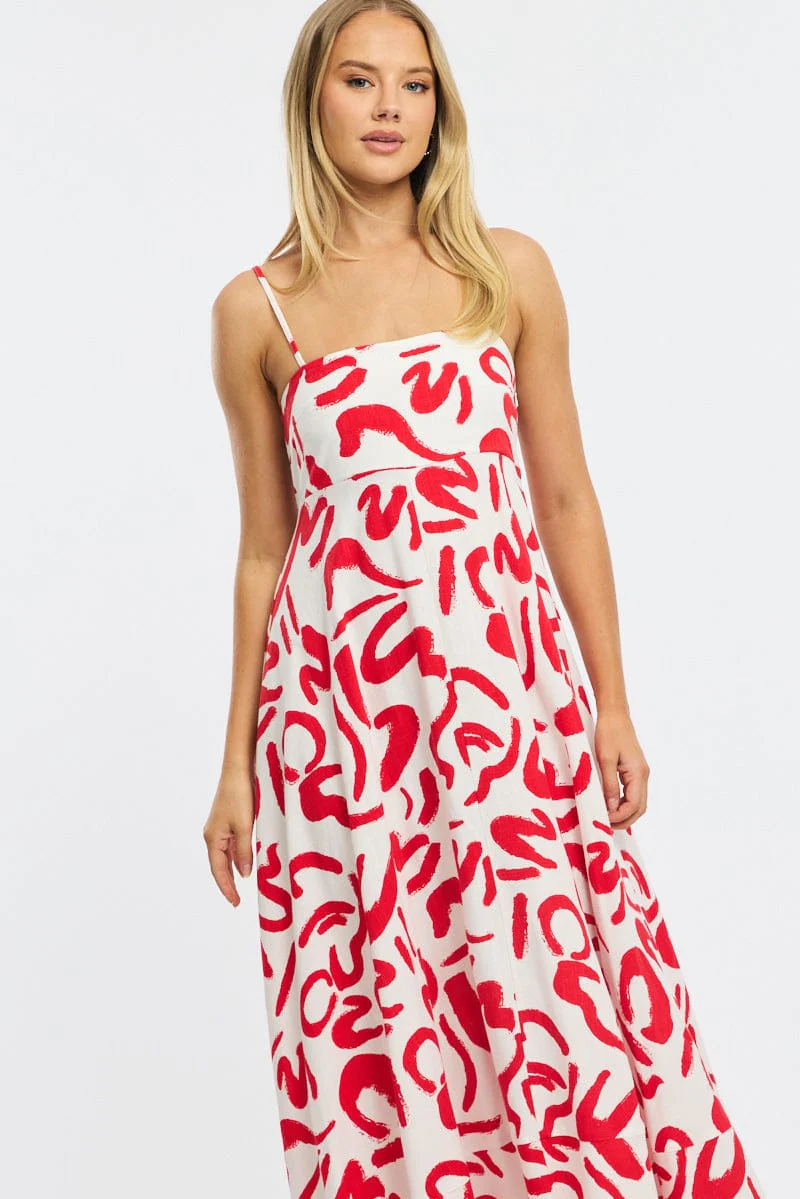 Red Abstract Maxi Dress Strappy - Image 2