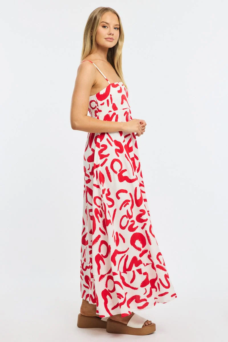 Red Abstract Maxi Dress Strappy - Image 3
