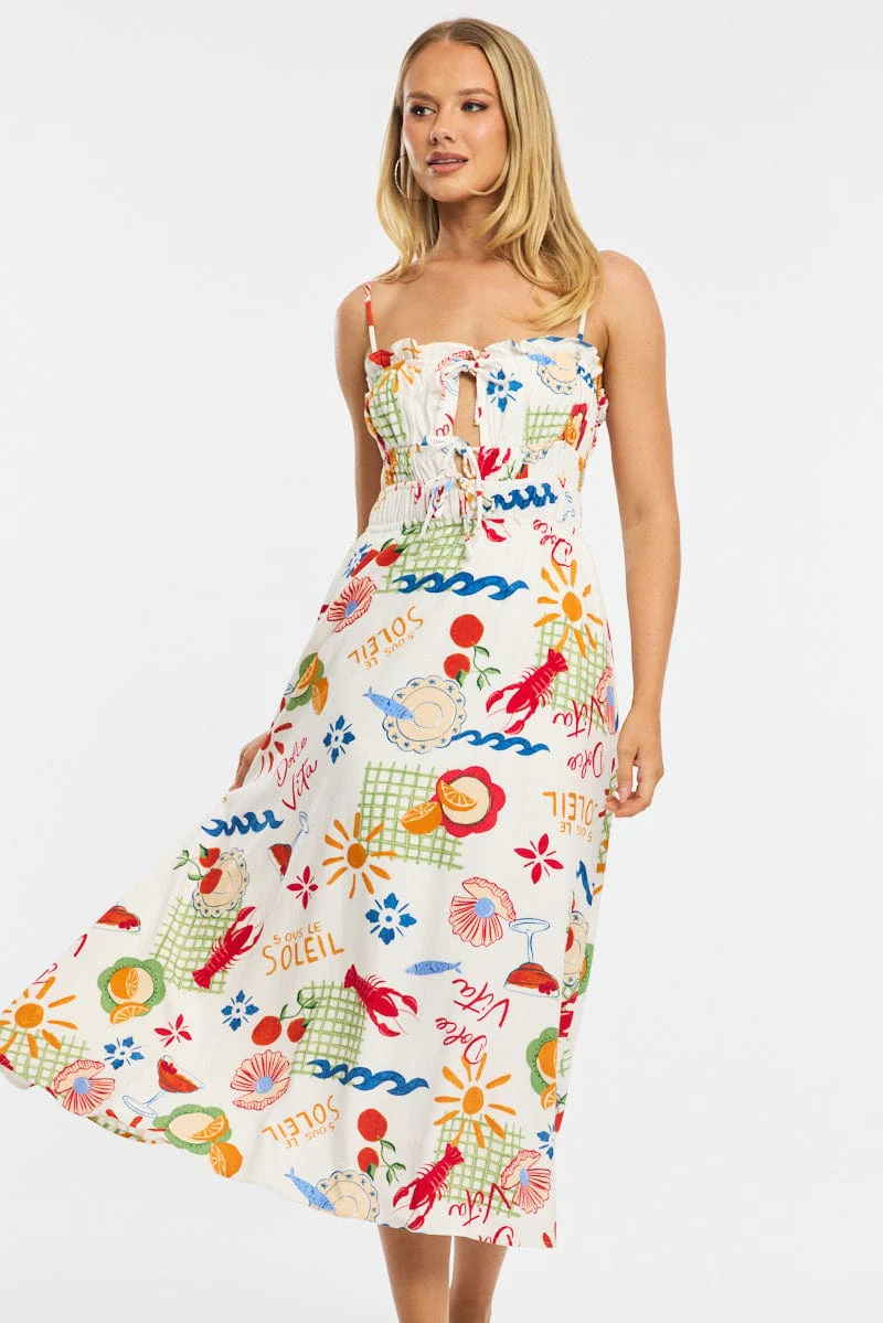 Red Abstract Midi Dress Ribbon Detail Strappy - Image 2