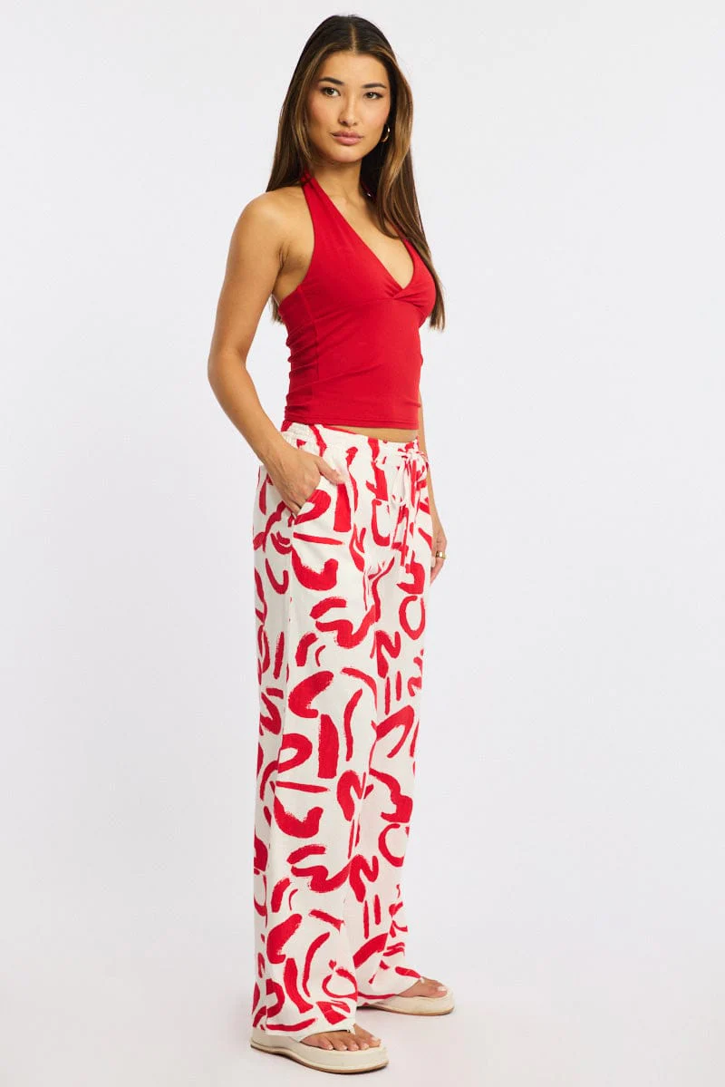 Red Abstract Wide Leg Pants Elasticated Waist - Image 4