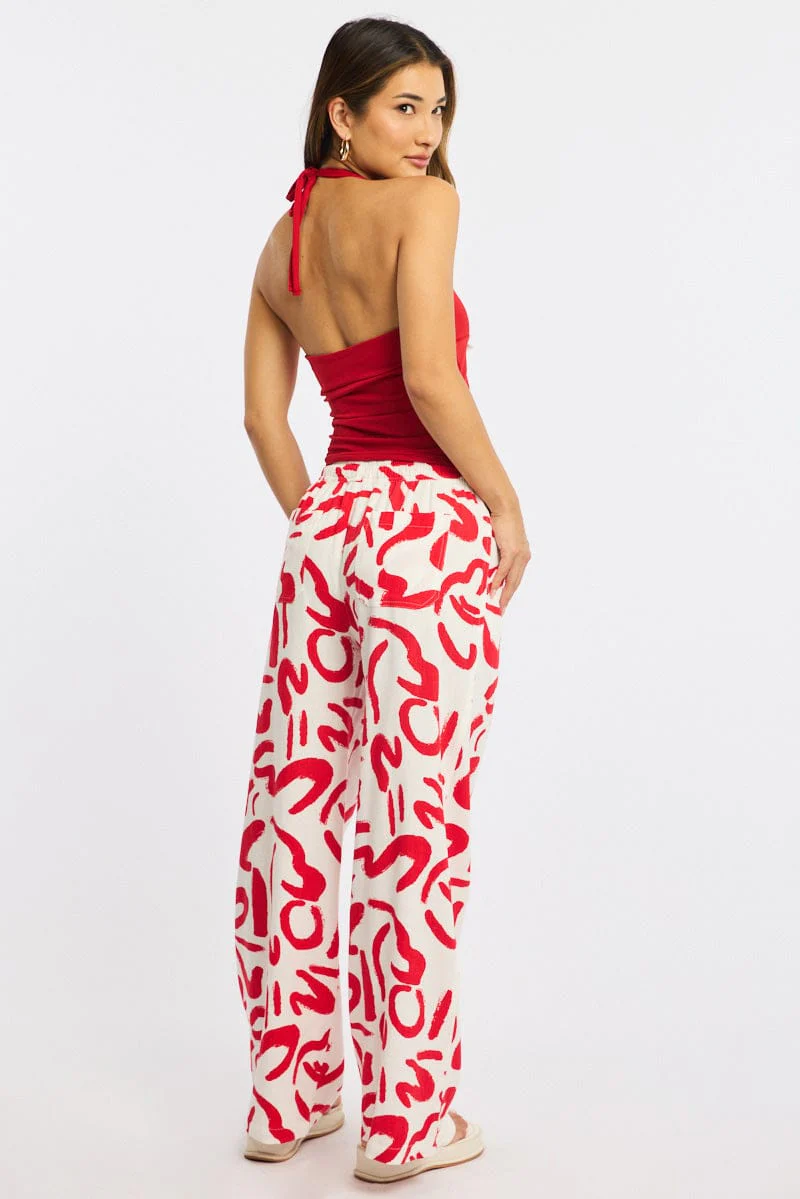 Red Abstract Wide Leg Pants Elasticated Waist - Image 5