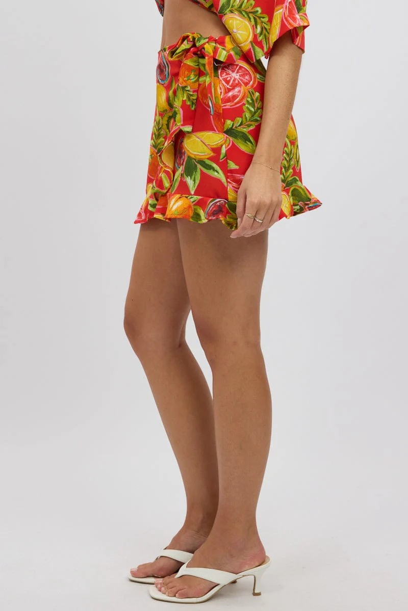 Red Abstract Wrap Skirt High Waisted Mini Ruffle - Image 4