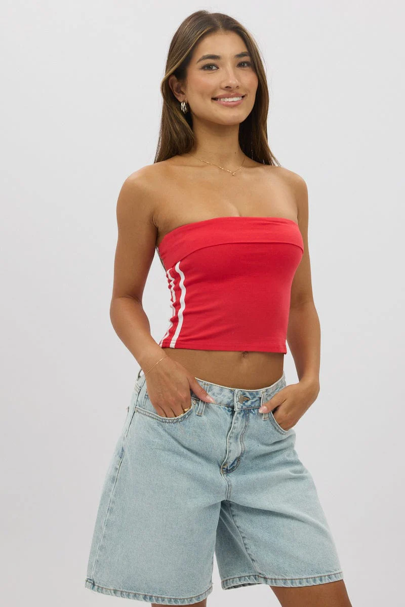 Red Bandeau Top Side Stripe Fold Over - Image 3