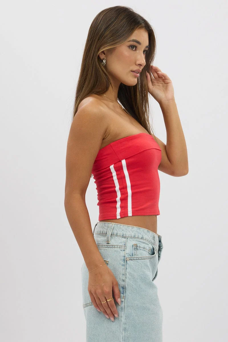 Red Bandeau Top Side Stripe Fold Over - Image 4
