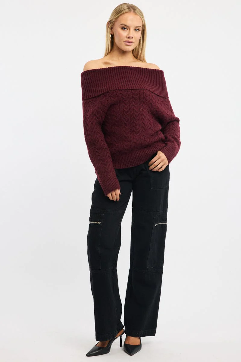 Red Bardot Knit Top Long Sleeve Cable - Image 2