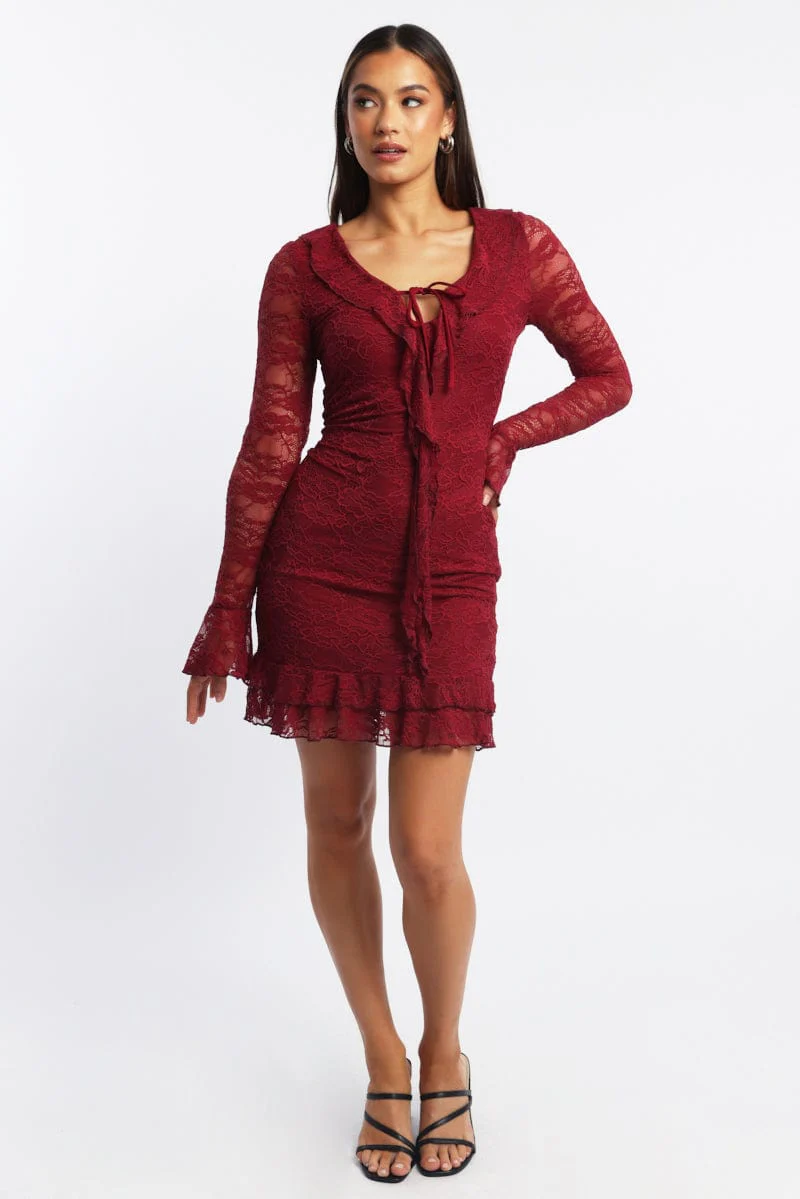 Red Bodycon Dress Mini Lace - Image 2