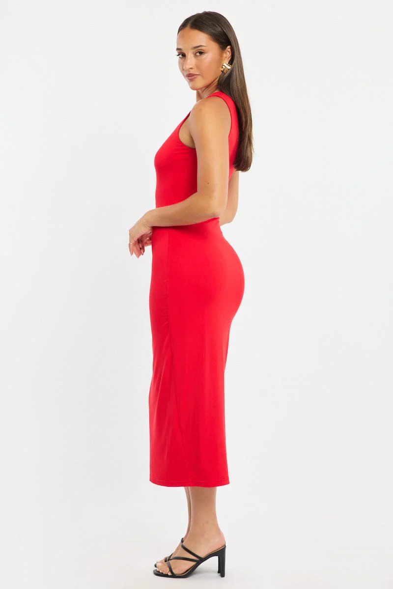 Red Bodycon Dress Round Neck Sleeveless - Image 3