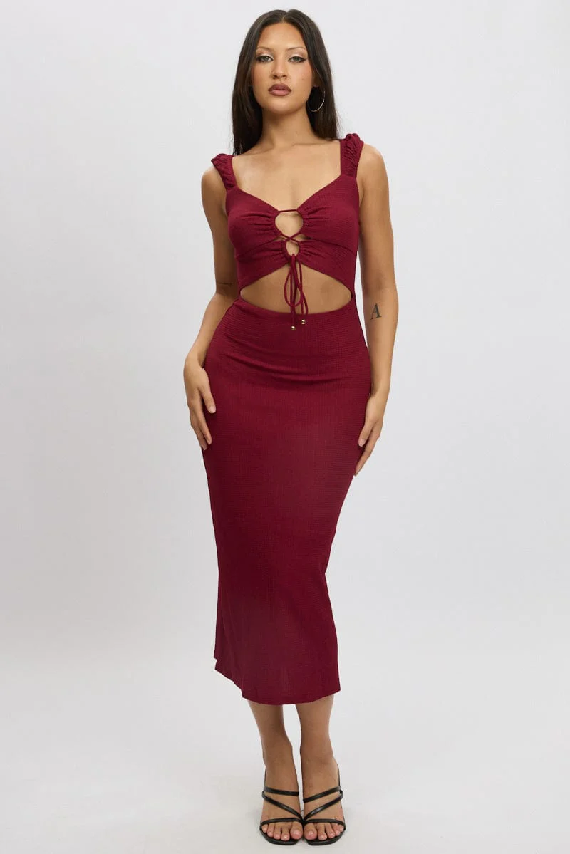 Red Bodycon Dress Textured Midi - Image 3
